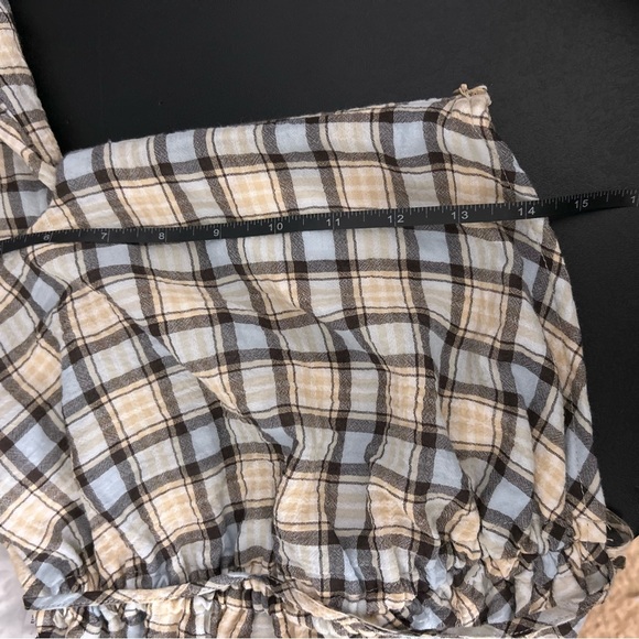 Zara Checkered Plaid Top Puff Sleeve Off Shoulder Ruched M A-16 - Picture 7 of 8